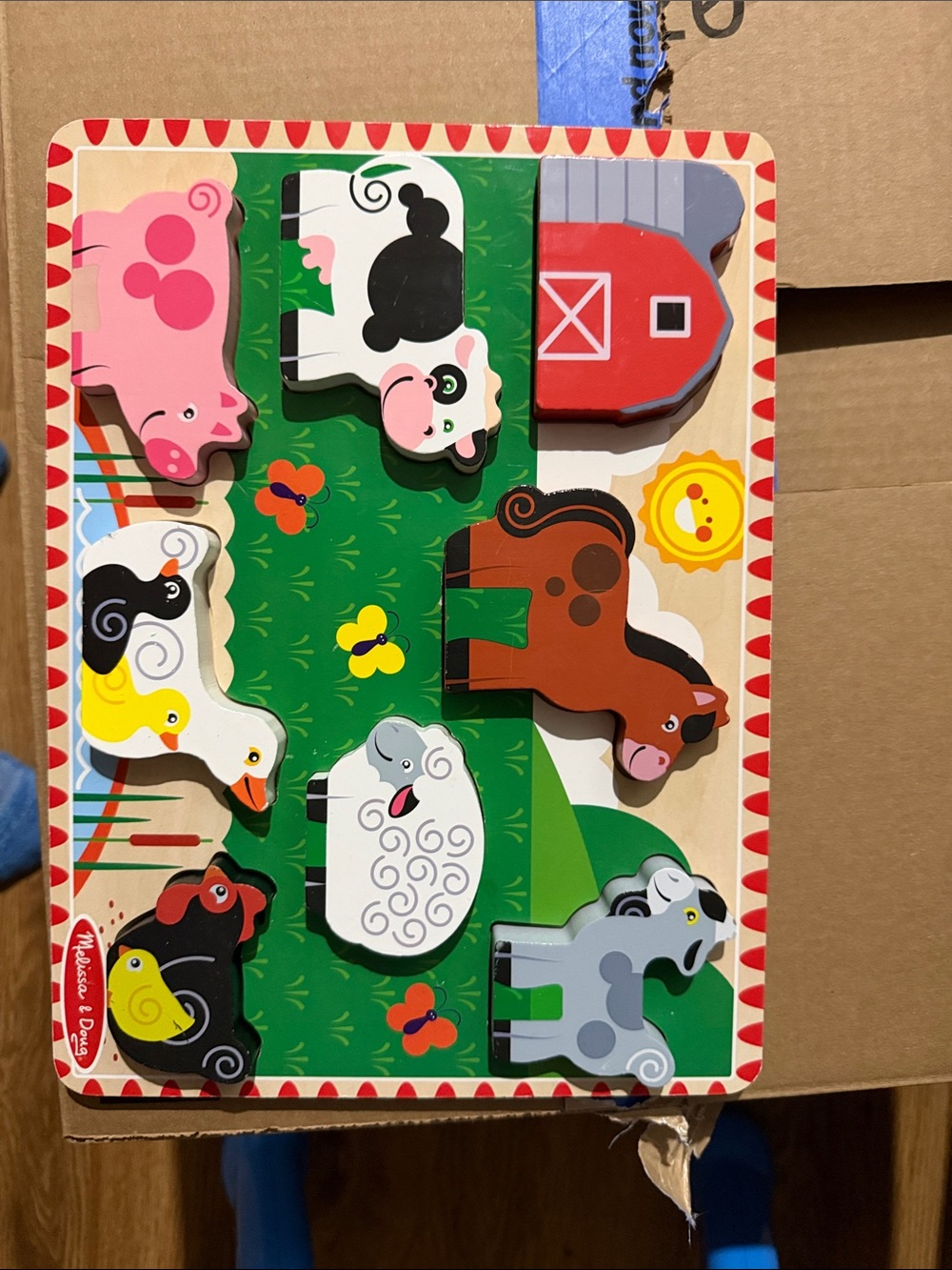 Melissa & Doug Colorful Farm Animals Wooden Peg Puzzle - Red Barn, Pink Pig
